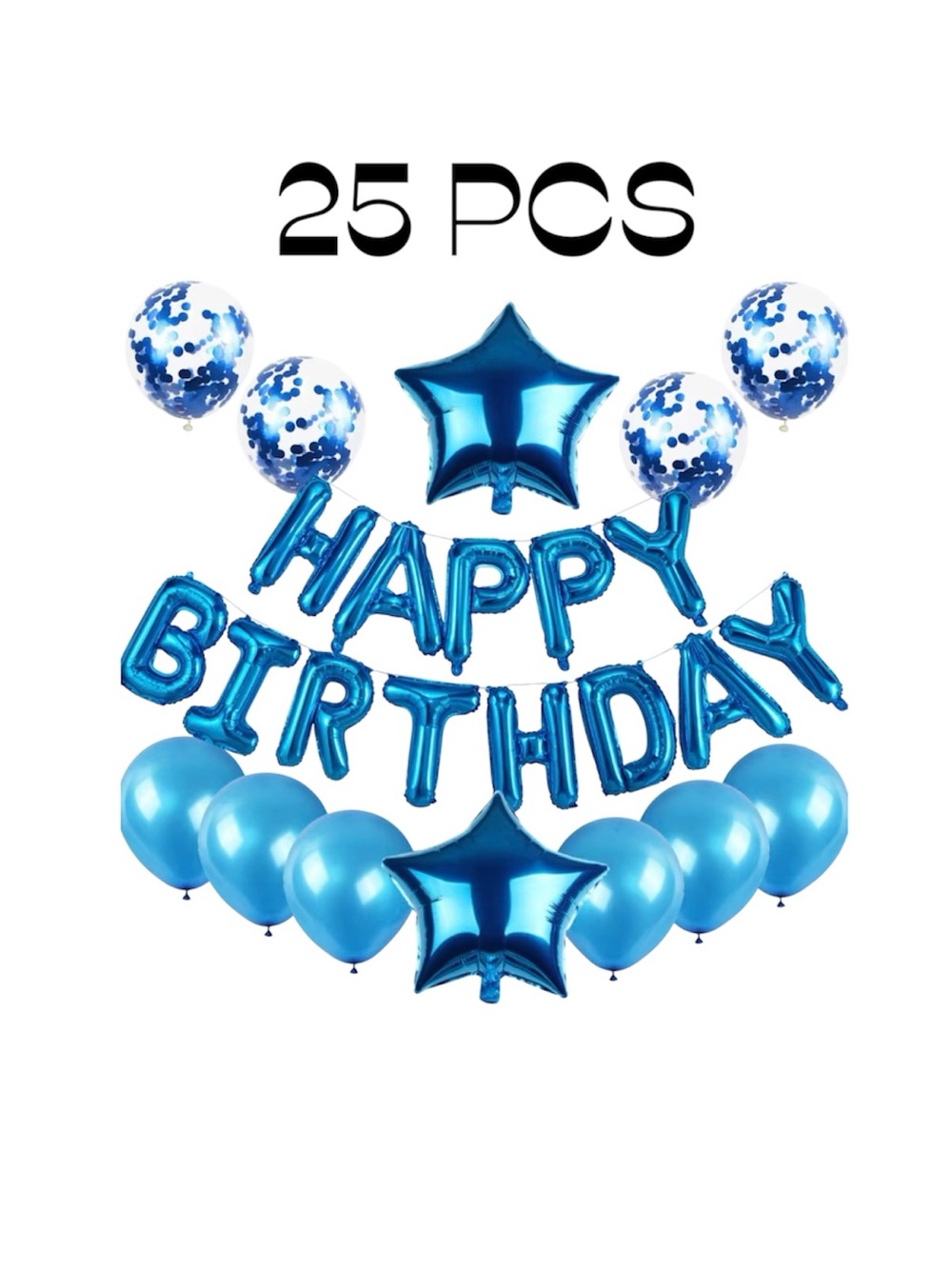 25 Pcs Blue Happy Birthday Balloon Set Foil Letter Star Latex Confetti Party